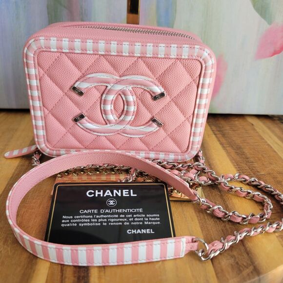 CHANEL Caviar Quilted Striped CC Filigree Clutch With Chain Pink White - Picture 9 of 11